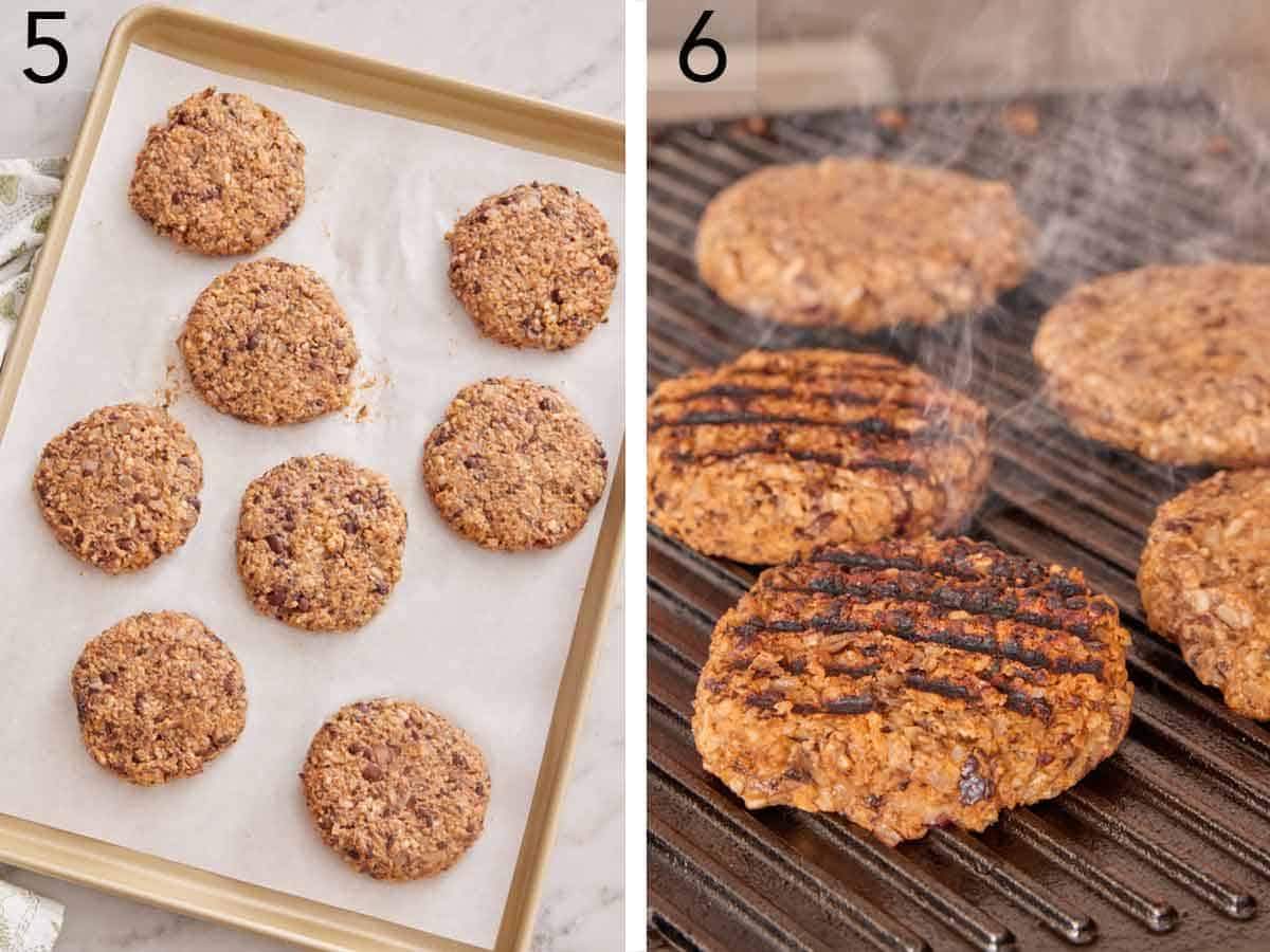 Set of two photos showing veggie burger shaped and grilled.