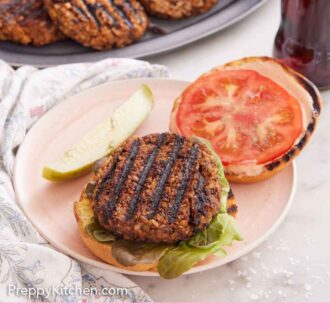 Pinterest graphic of an opened veggie burger with a bottle of coke and platter of patties in the background.