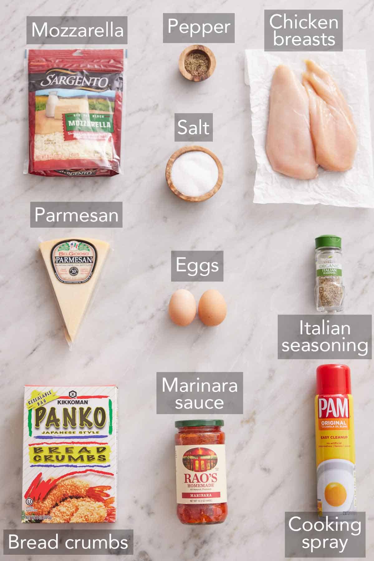 Ingredients needed to make air fryer chicken parmesan.
