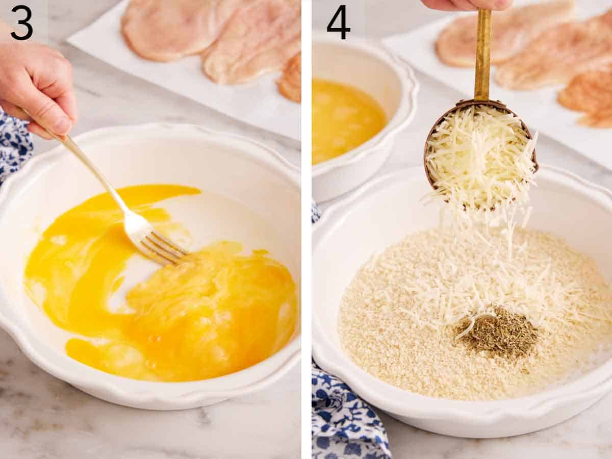 Set of two photos showing eggs whisked and parmesan added to a bowl of bread crumbs and Italian seasoning.