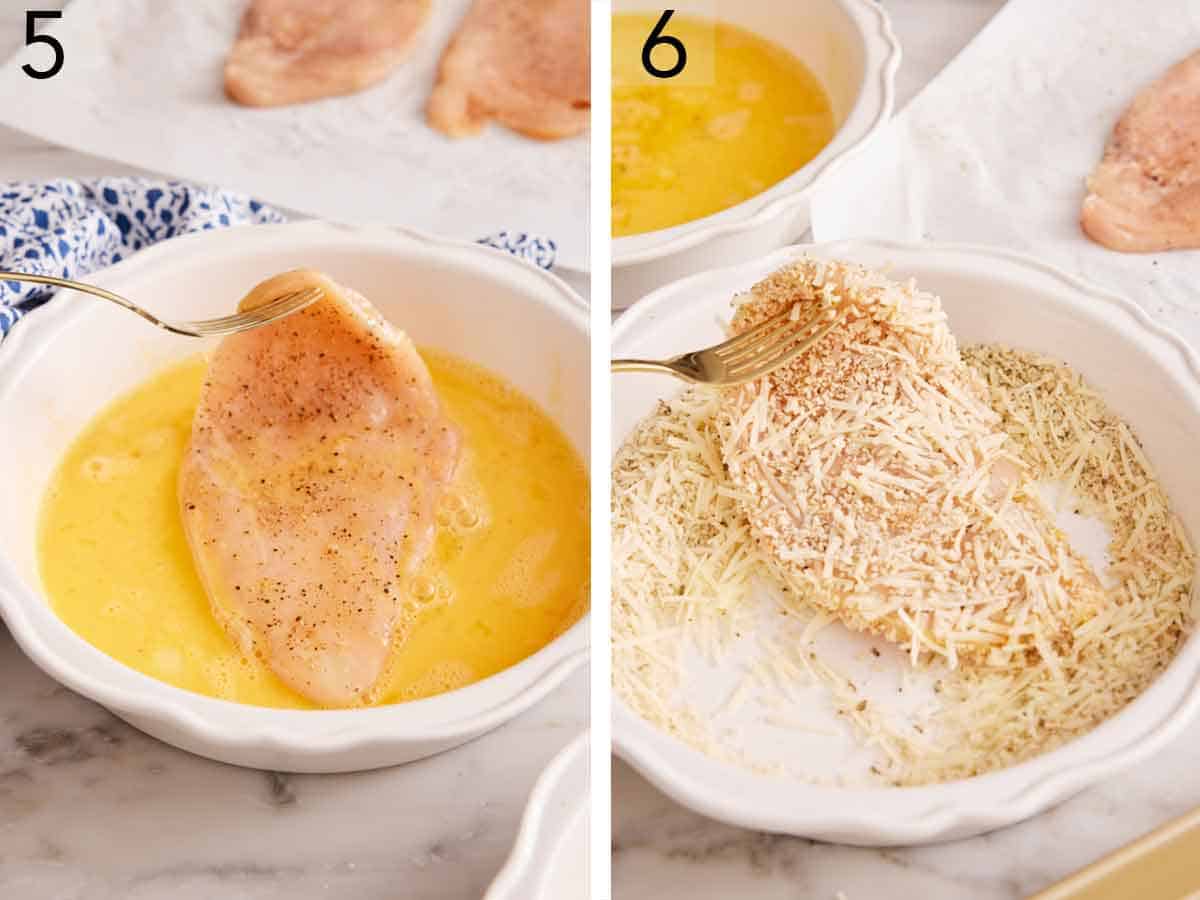 Set of two photos showing chicken dredged in egg and parmesan bread crumbs.