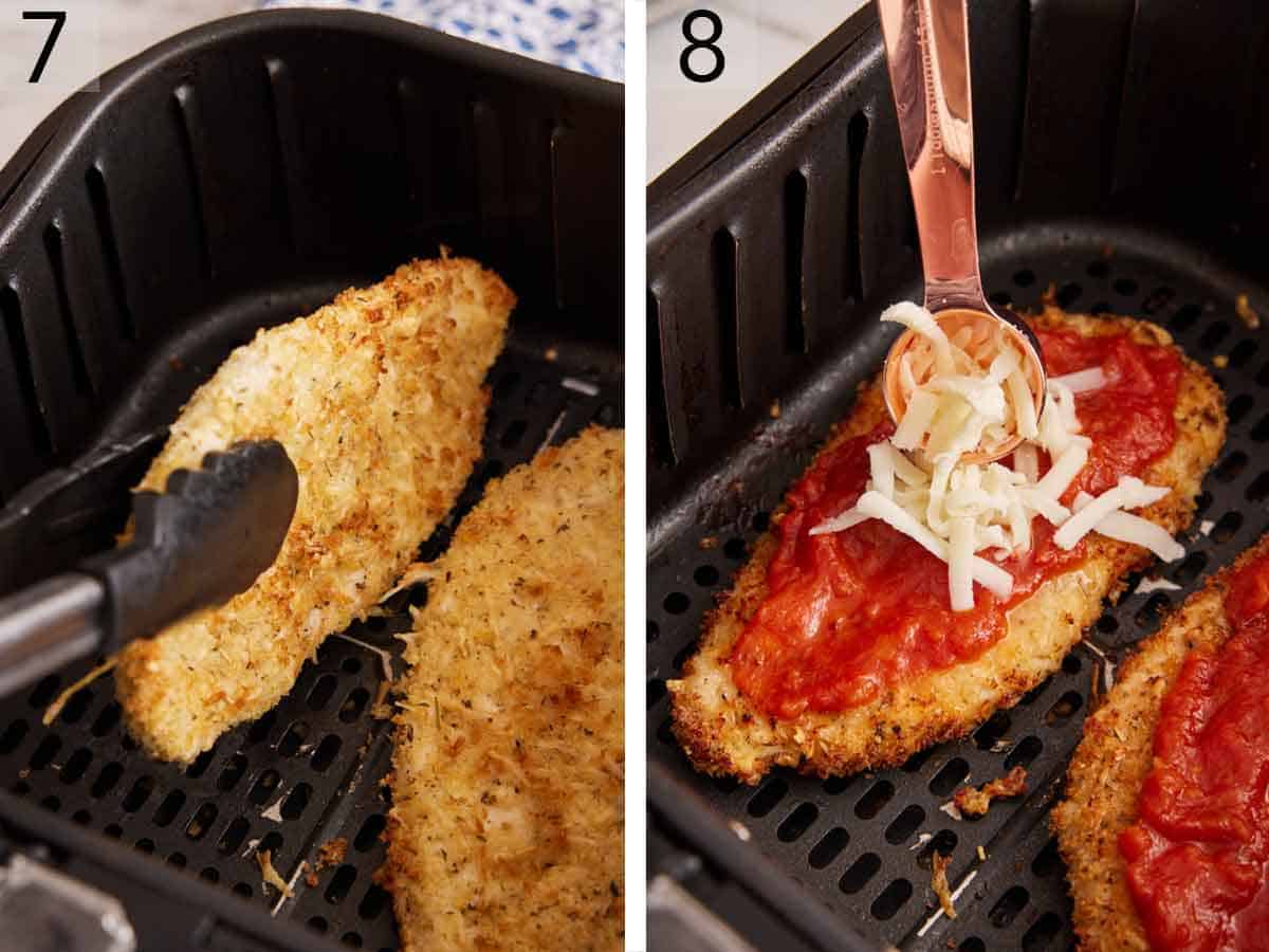 Set of two photos showing chicken breasts flipped in an air fryer basket then topped with marinara and cheese.
