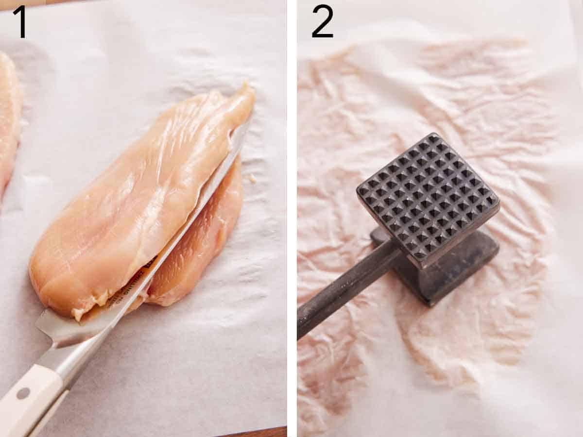 Set of two photos showing chicken breasts sliced in half and pounded flat.