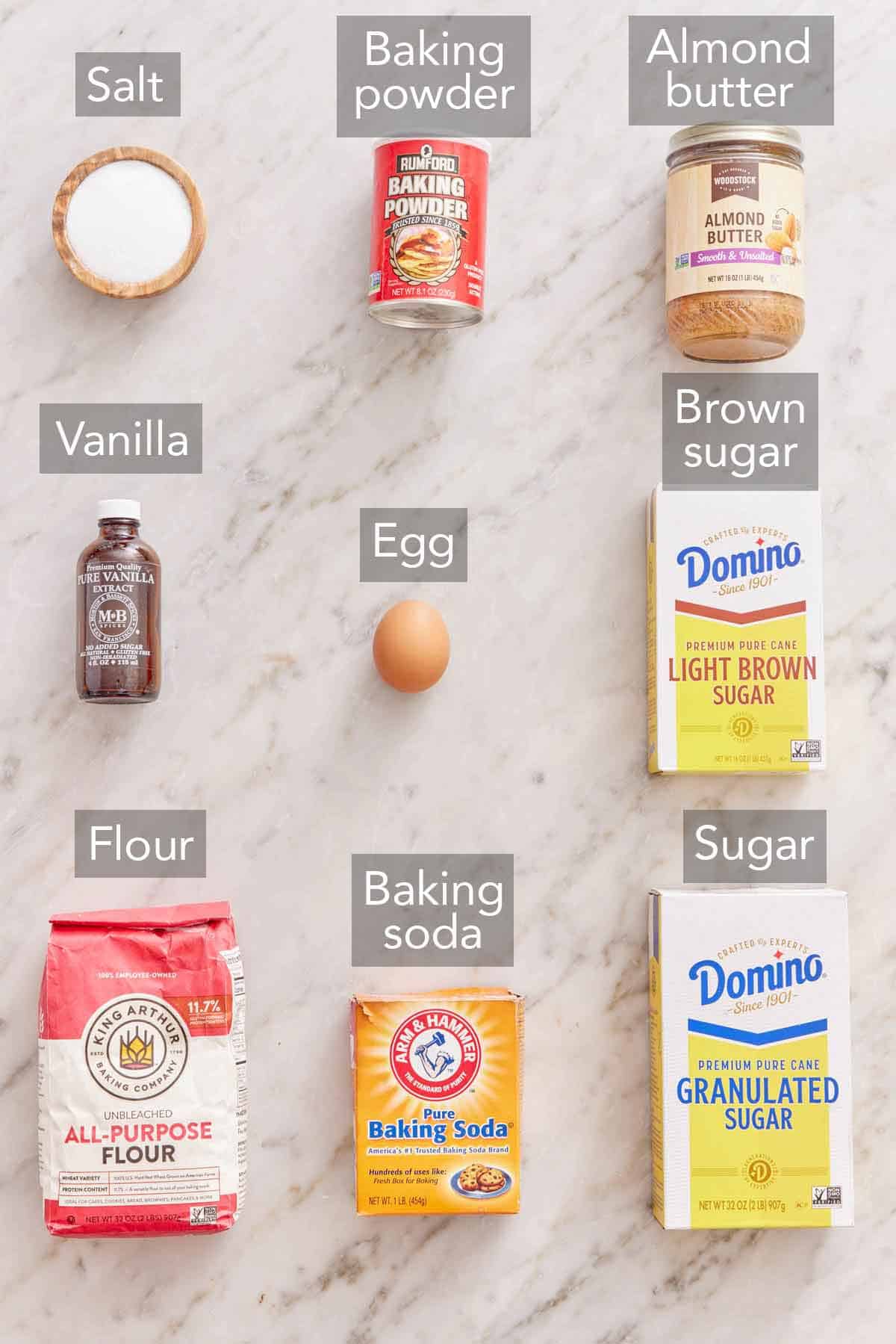 Ingredients needed to make almond butter cookies.