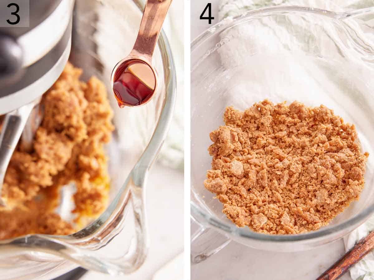 Set of two photos showing vanilla extract added to the mixing bowl and completed crumbly dough.