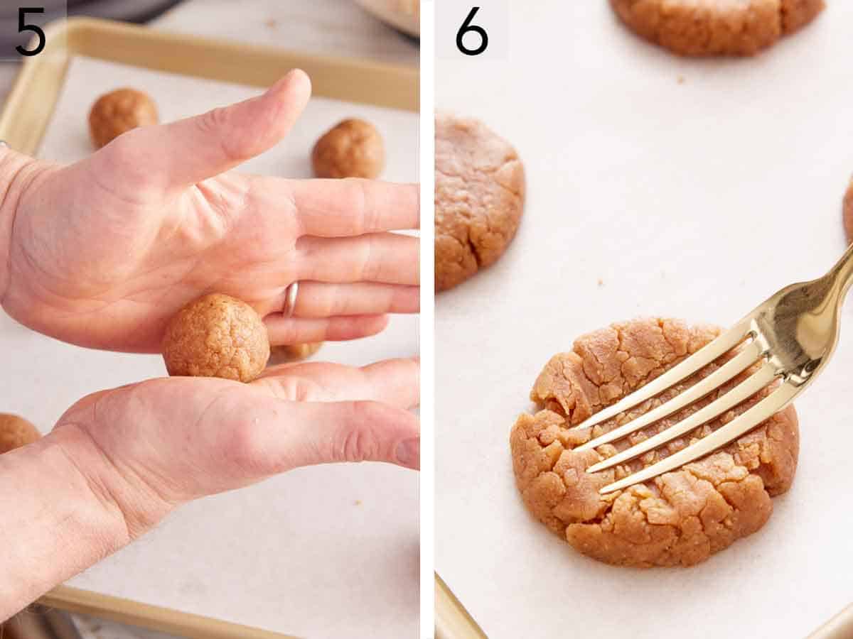Set of two photos showing dough rolled into balls and pressed down on with a fork.