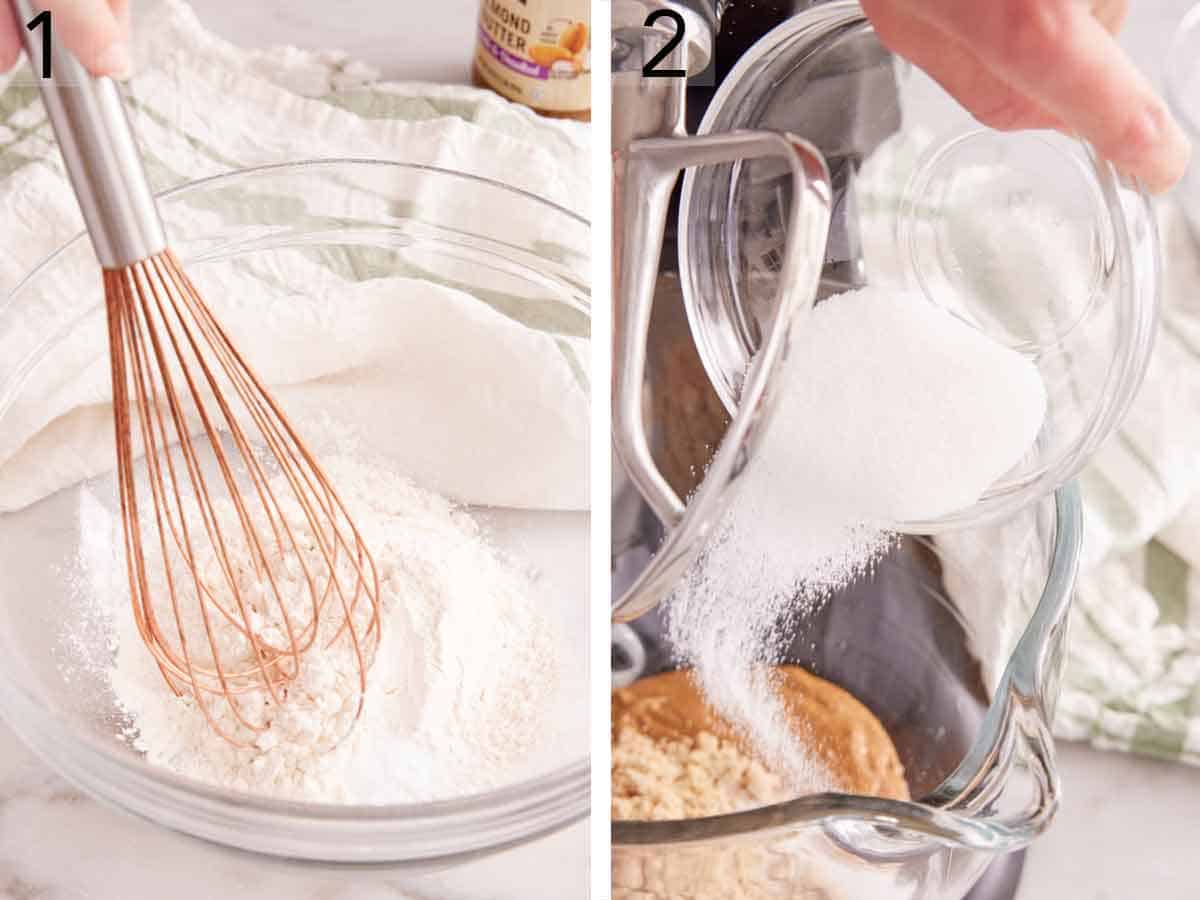 Set of two photos showing dry ingredients whisked together and added to a mixing bowl.