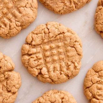 Overhead view of almond butter cookies in a single layer on a flat marble surface.