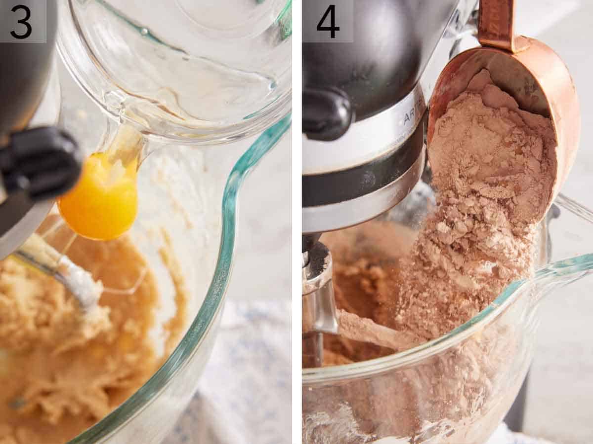 Set of two photos showing egg and flour mixture added to a running mixer.