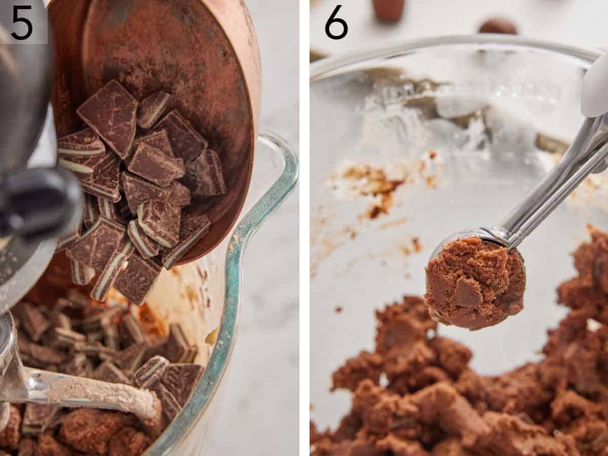 Set of two photos showing Andes Mints added to a mixer and rough scooped.