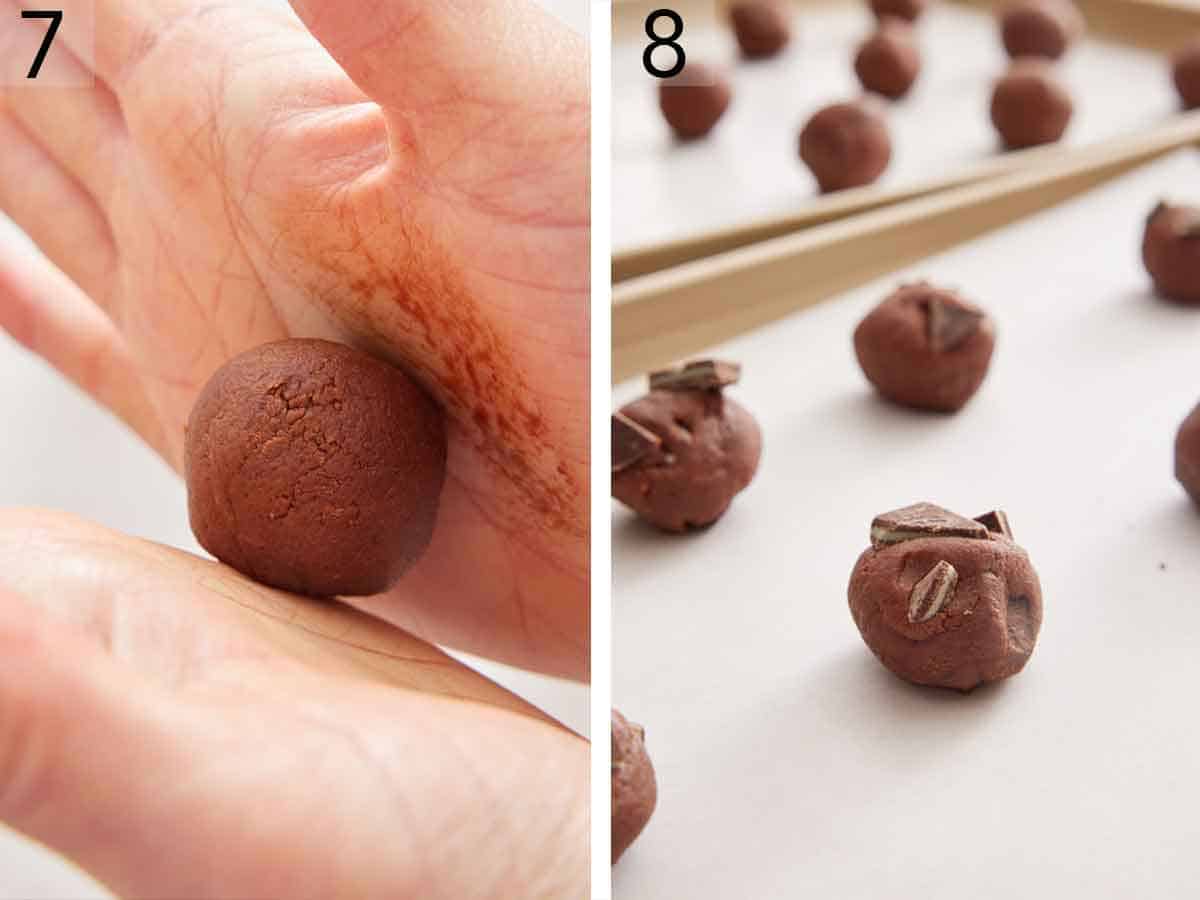 Set of two photos showing cookie dough balls rolled and placed on a lined sheet pan.