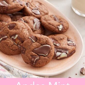 Pinterest graphic of a platter of Andes Mint Cookies with a glass of milk in the background.