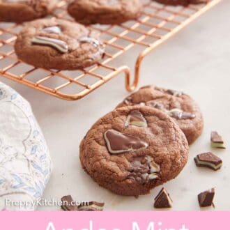 Pinterest graphic of Andes Mint Cookies on a cooling rack with two in front.