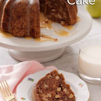 Pinterest graphic of a plate with a slice of apple bundt cake with a cake stand in the background holding the rest of the cake.