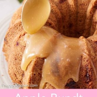 Pinterest graphic of a glaze spooned over the top of an apple bundt cake.