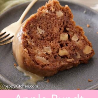 Pinterest graphic of a slice of apple bundt cake on a plate with a fork behind it.