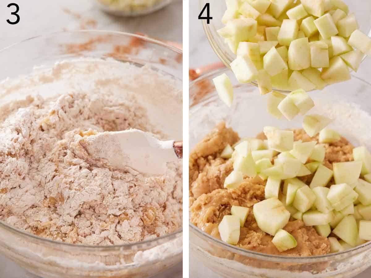 Set of two photos showing wet and dry ingredients mixed together with diced apples added.