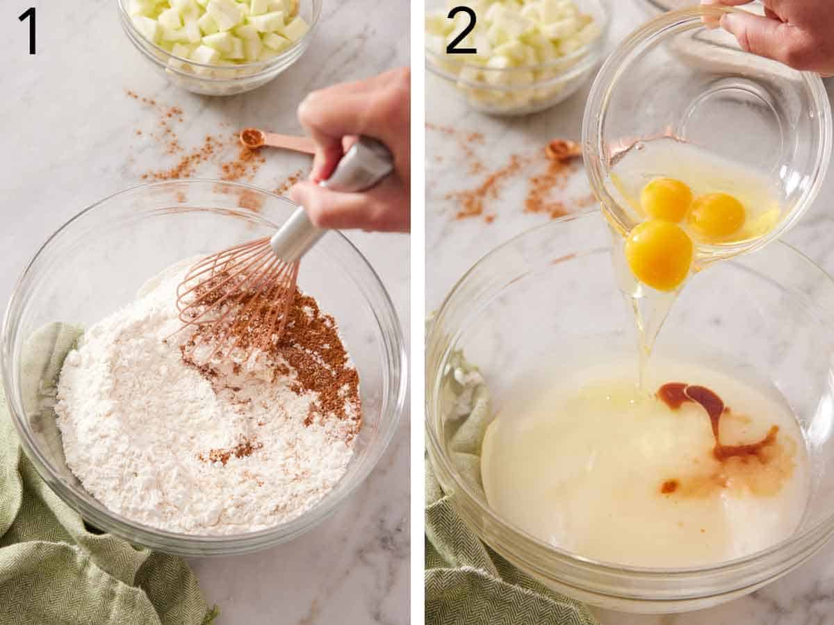 Set of two photos showing dry ingredients whisked together and eggs added to a bowl of wet ingredients.