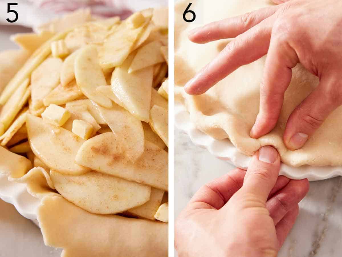 Set of two photos showing sliced apples inside a pie crust with cubed butter then the top pie crust crimped.