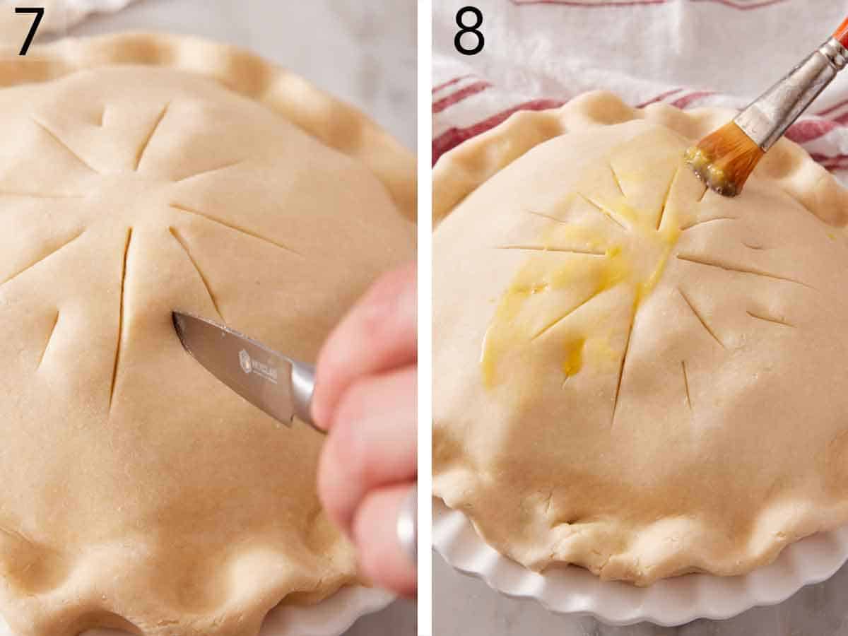 Set of two photos showing slits cut in the pie crust and brushed with egg wash.