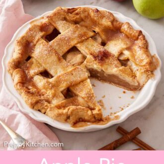 Pinterest graphic of a white pie dish with an apple pie inside with a slice cut out.