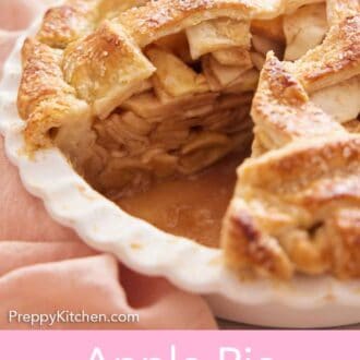 Pinterest graphic of a close up view of a sliced apple pie, showing the interior of the pie.