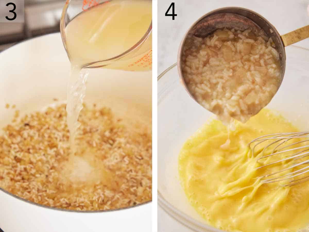 Set of two photos showing broth added to the pot of rice and then the mixture added to whisked eggs.