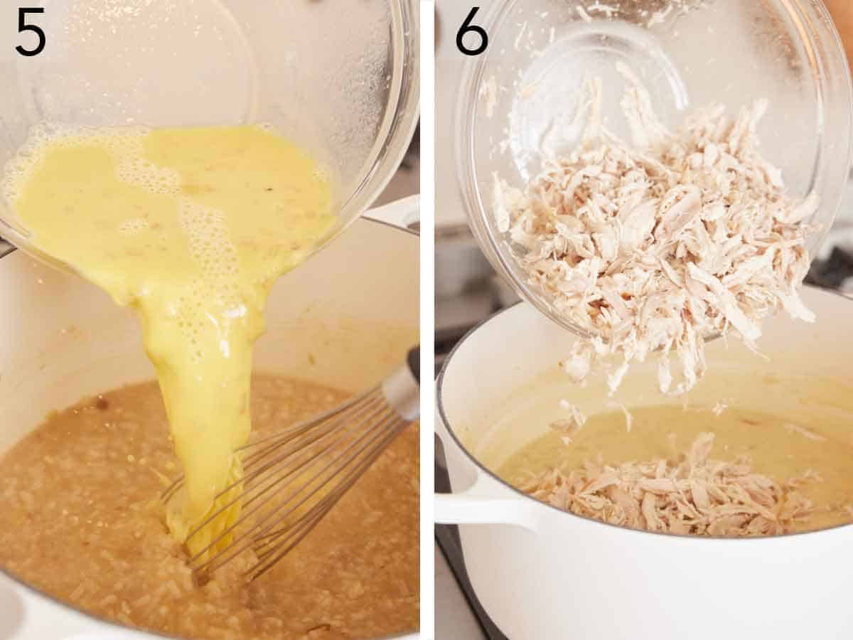 Set of two photos showing the egg mixture and chicken added to the pot.