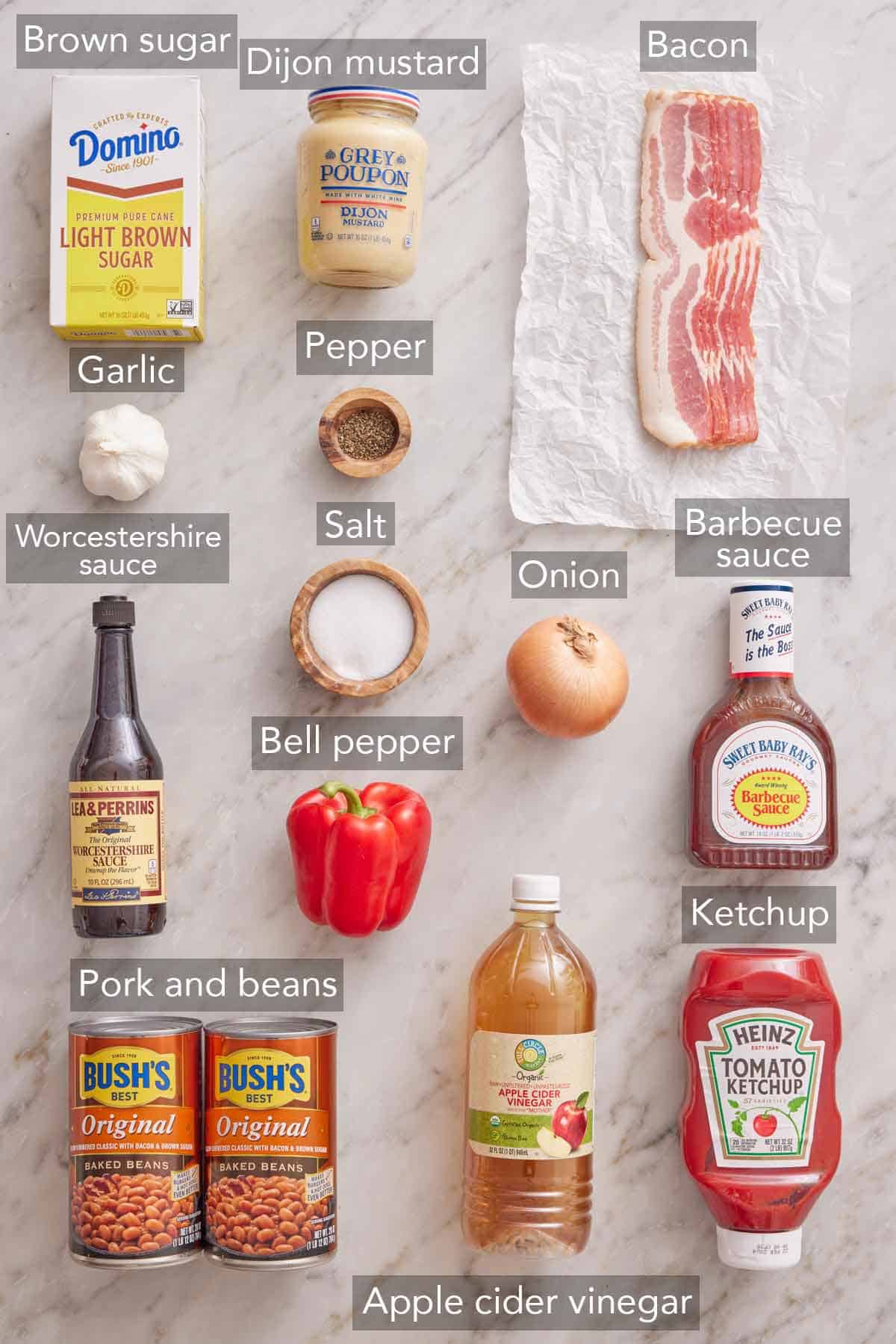 Ingredients needed to make baked beans.