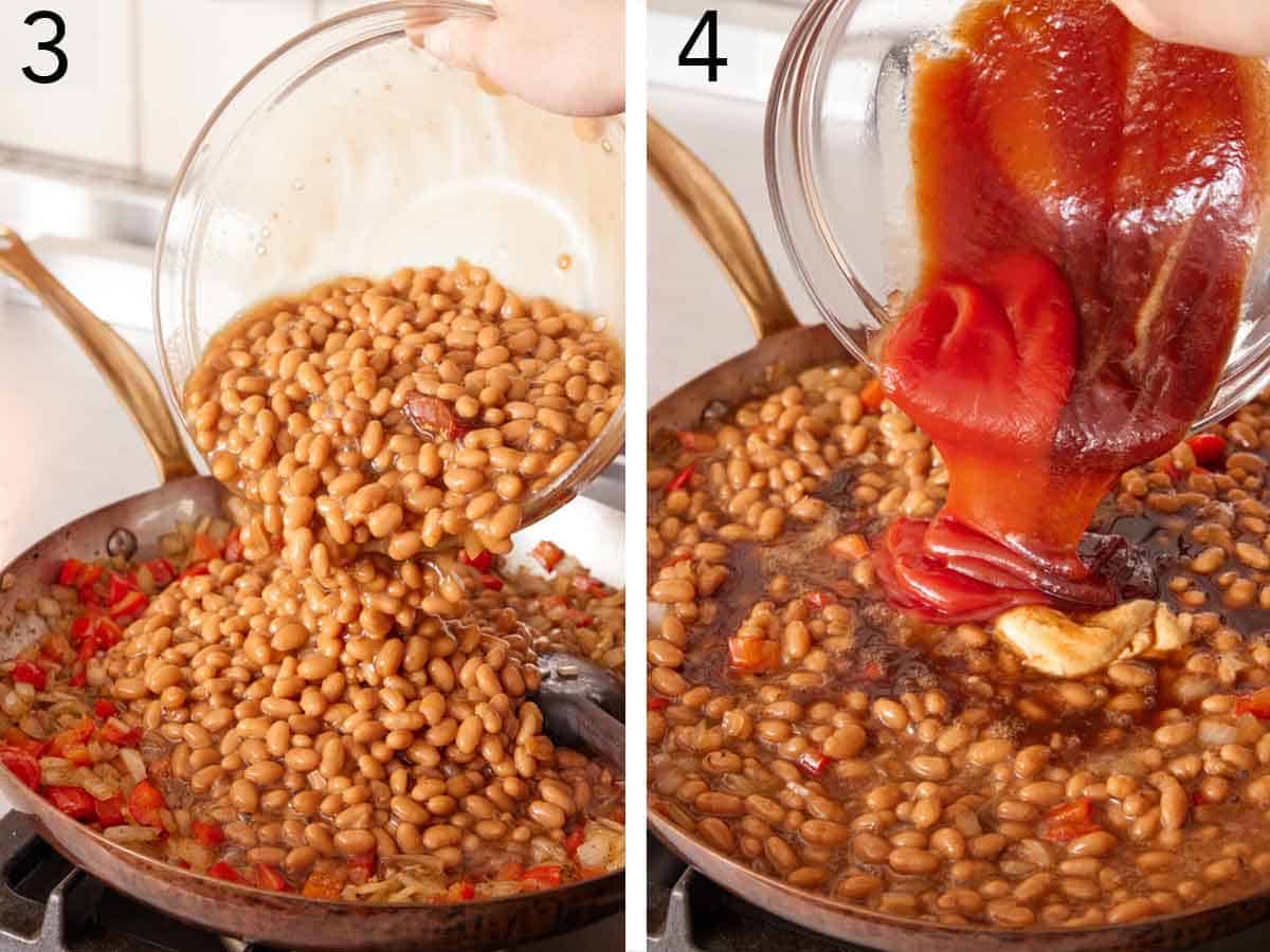 Set of two photos showing beans, ketchup, and barbecue sauce added to the skillet.