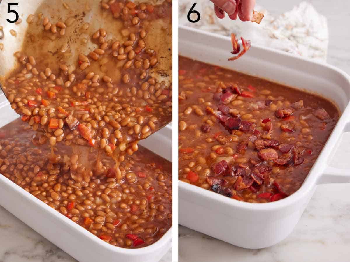 Set of two photos showing the skillet of beans added to a baking dish and bacon sprinkled on top.