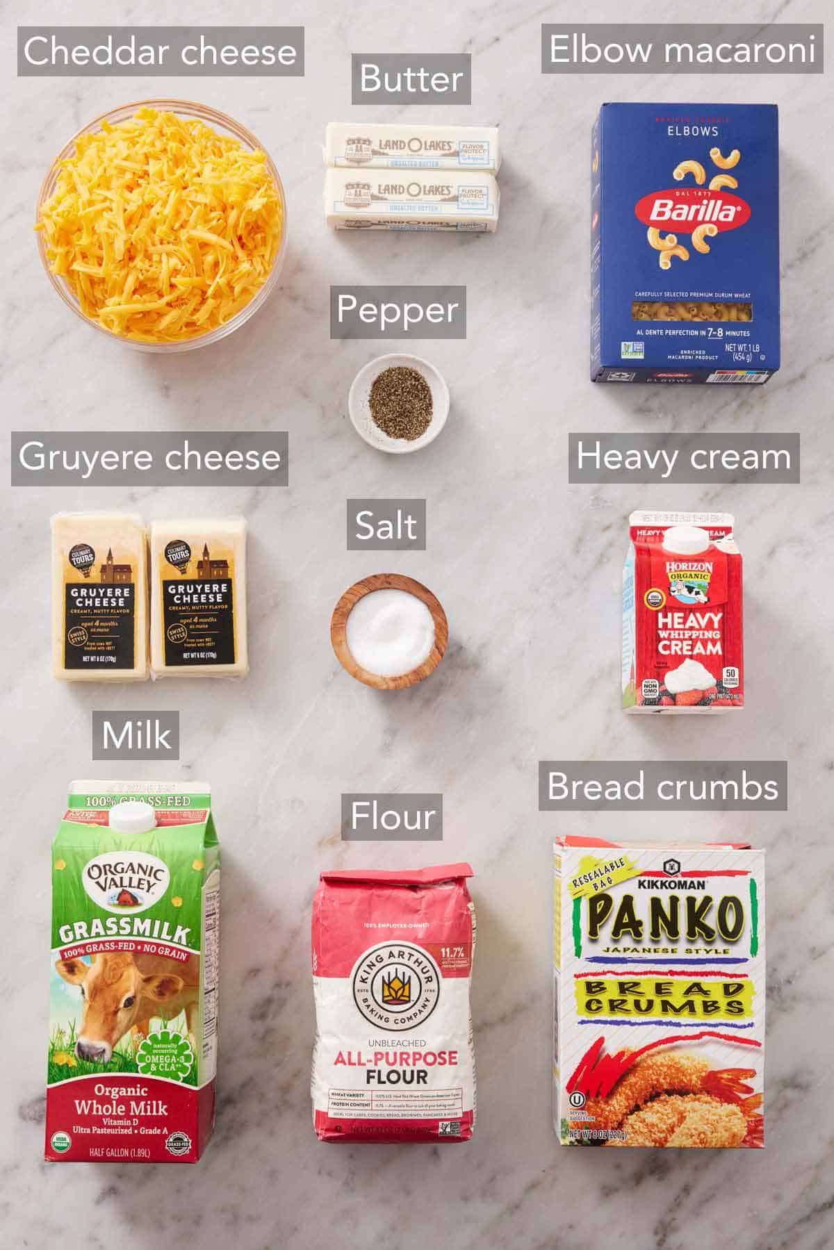 Ingredients needed to make baked mac and cheese.