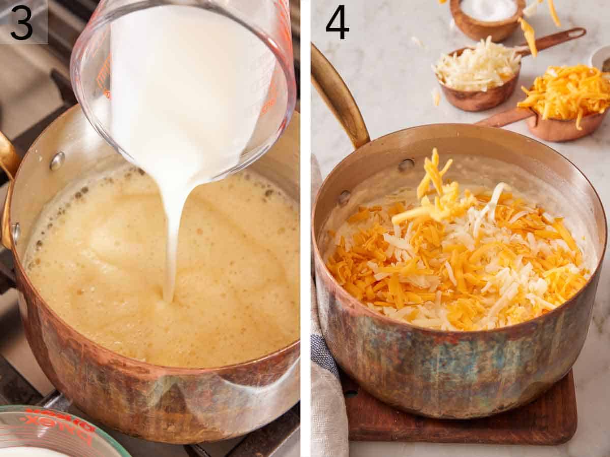 Set of two photos showing cream added to a pot and cheeses added to the pot.