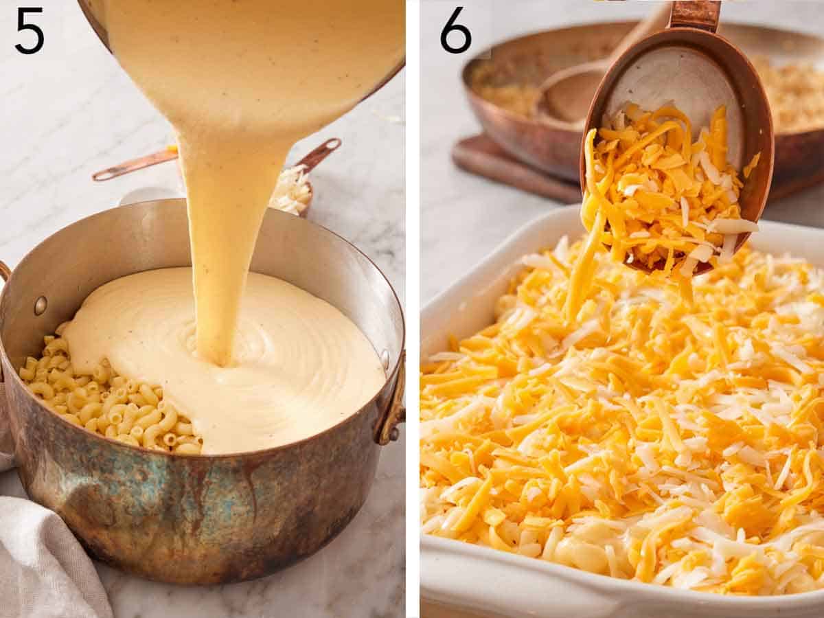 Set of two photos showing cheese sauce poured over pasta and then more cheese poured on top.