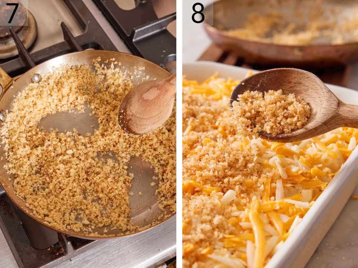Set of two photos showing breadcrumbs toasted in a skillet and spooned over the layer of cheese.