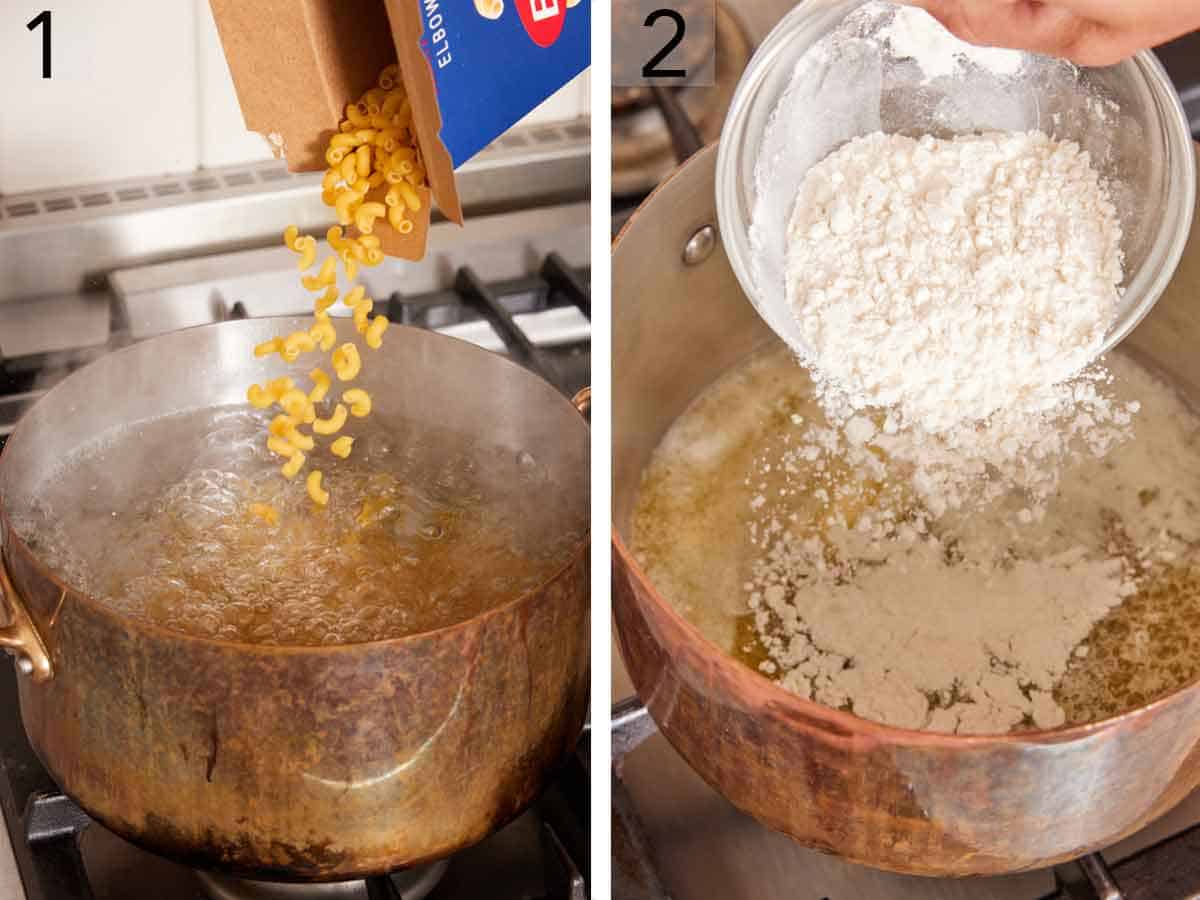 Set of two photos showing pasta added to a pot and flour added to another pot.
