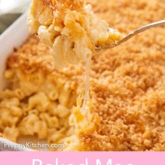 Pinterest graphic of a forkful of baked mac and cheese lifted from the baking dish.