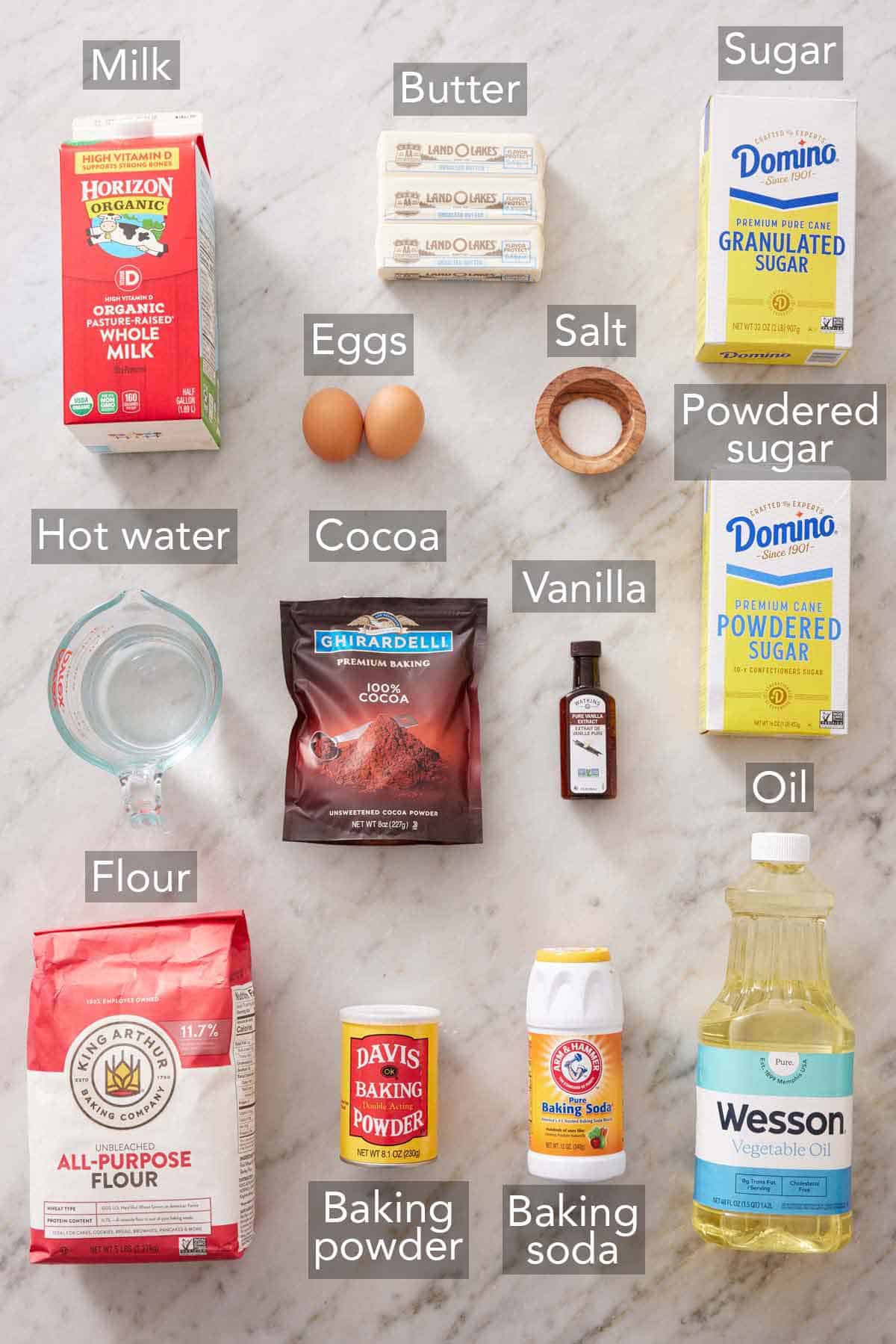 Ingredients needed to make chocolate cake.