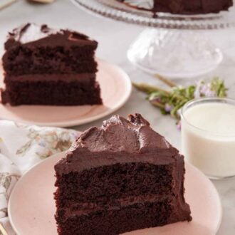 Pinterest graphic of two plates with sliced chocolate cake along with a glass of milk and cake stand with more cake.