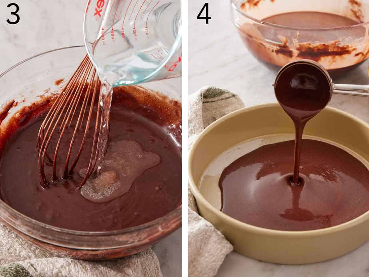 Set of two photos showing batter whisked and scooped into a baking pan.