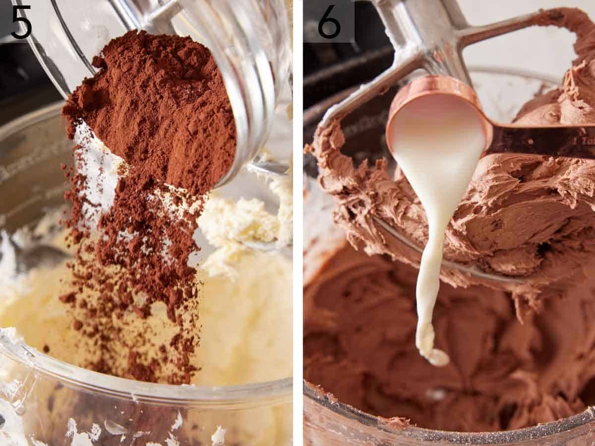 Set of two photos showing cocoa powder added to a mixer along with milk.