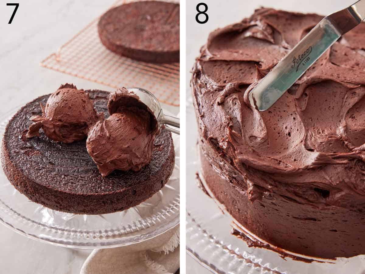 Set of two photos showing frosting scooped over cake and spread.