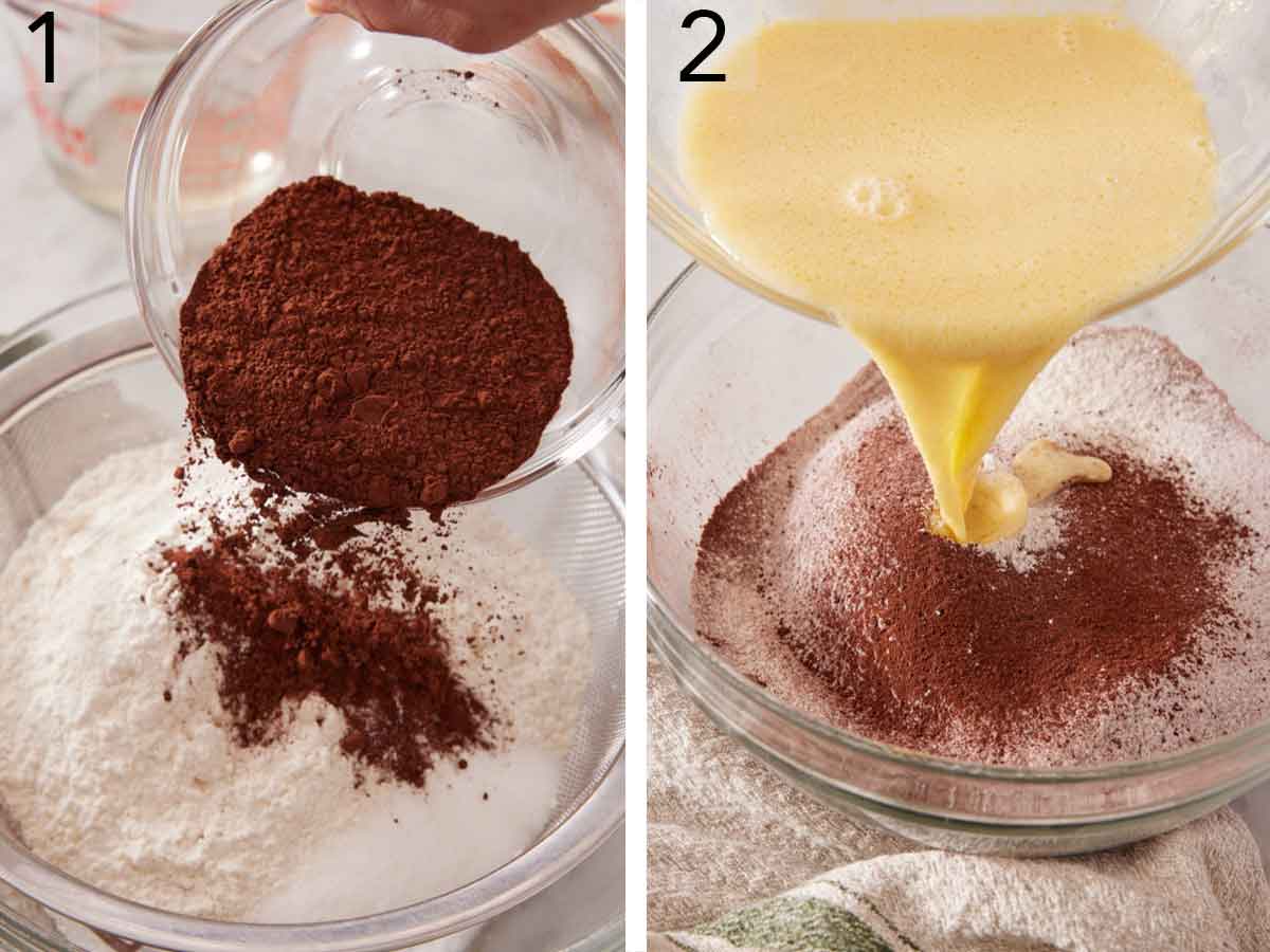 Set of two photos showing cocoa powder added to flour and egg mixture poured over top.