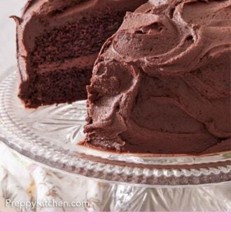 Pinterest graphic of chocolate cake with a slice taken out on a clear cake stand.