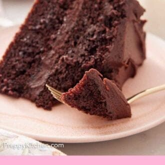 Pinterest graphic of a slice of chocolate cake on a plate with a forkful in front.