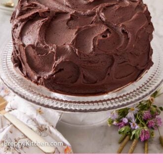 Pinterest graphic of a frosted chocolate cake a clear glass cake stand.