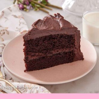 Pinterest graphic of a slice of chocolate cake with two layers and chocolate frosting between it.