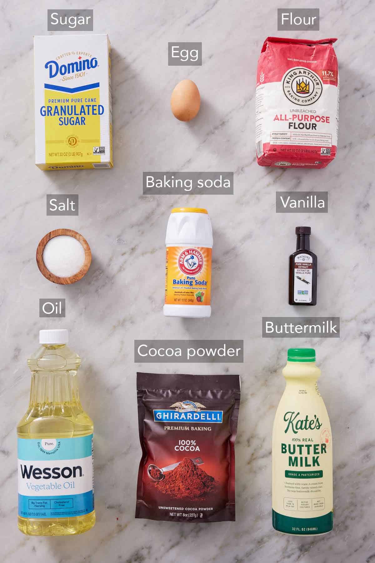 Ingredients needed to make chocolate cupcake recipe.