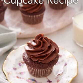 Pinterest graphic of a chocolate cupcake on a plate with more on a platter in the background.