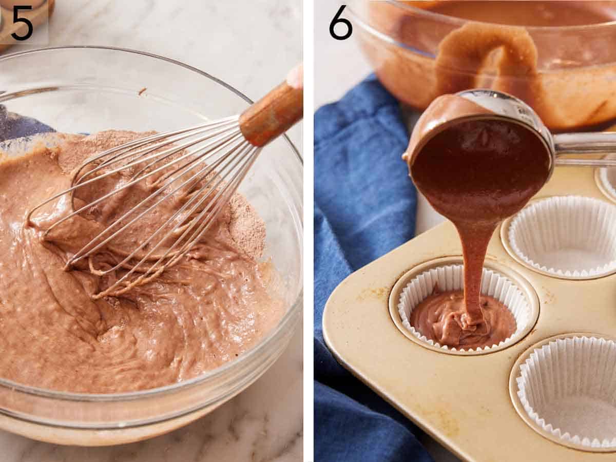 Set of two photos showing batter whisked together and scooped into a lined cupcake tray.